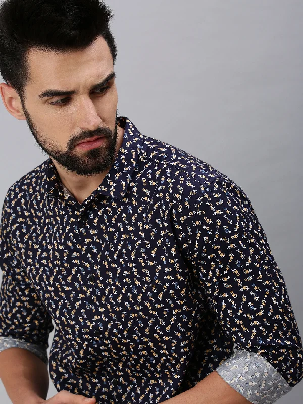 Men's Embroidered Detail Casual Shirts in Beige for a Touch of EleganceMen Spread Collar Printed Navy Blue Shirt Men's Embroidered Detail Casual Shirts in Beige for a Touch of EleganceMen Spread Collar Printed Navy Blue Shirt