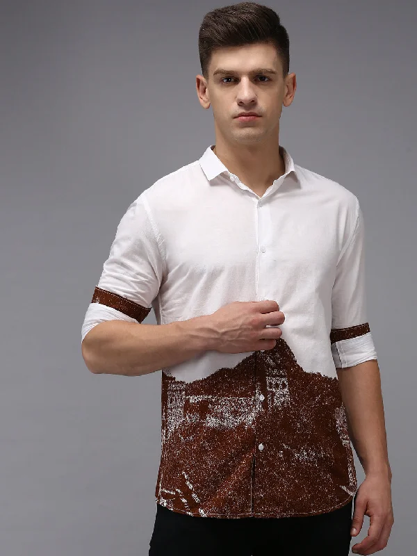 Men's Linen Blend Casual Shirts with Roll - Up Sleeves for a Summer Beach LookMen White Printed Casual Shirt Men's Linen Blend Casual Shirts with Roll - Up Sleeves for a Summer Beach LookMen White Printed Casual Shirt
