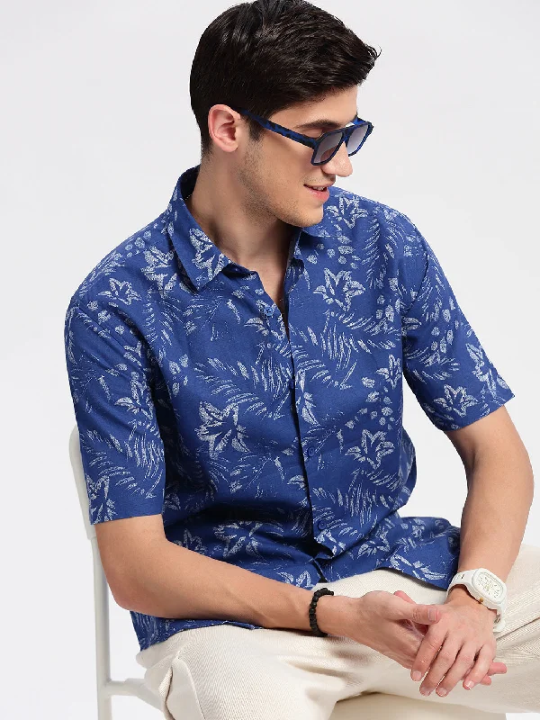 Men's Wrinkle - Resistant Polyester Blend Casual Shirts for Easy Travel and MaintenanceMen Spread Collar Floral Blue Casual Shirt Men's Wrinkle - Resistant Polyester Blend Casual Shirts for Easy Travel and MaintenanceMen Spread Collar Floral Blue Casual Shirt