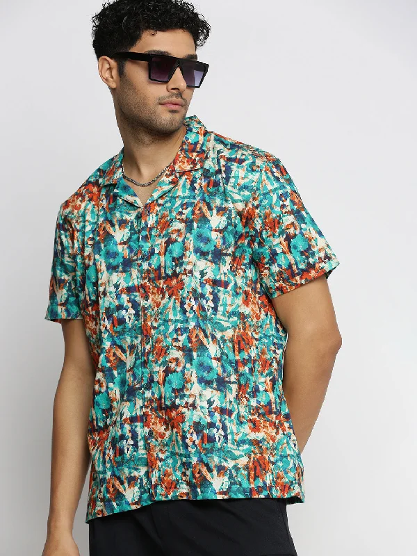 Men's Thermal - Lined Casual Shirts in Black for Added Warmth in Cold WeatherMen Blue Cuban Collar Abstract Shirt
