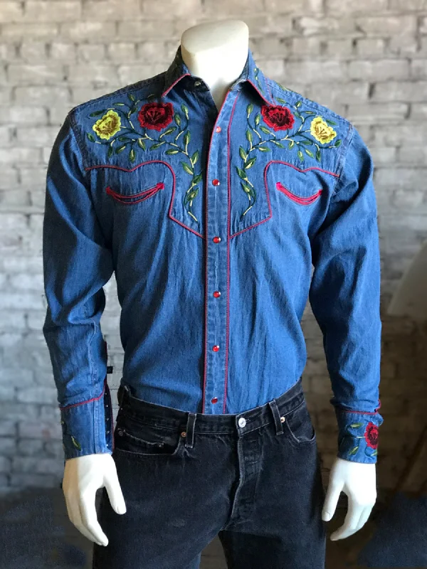 Men's Organic Cotton Casual Shirts with a Soft Handfeel for Everyday ComfortRockmount Mens Blue 100% Cotton Floral Denim Embroidered L/S Shirt Men's Organic Cotton Casual Shirts with a Soft Handfeel for Everyday ComfortRockmount Mens Blue 100% Cotton Floral Denim Embroidered L/S Shirt
