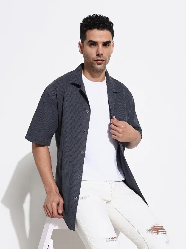 Men's Stretch - Fabric Casual Shirts in Navy Blue for a Comfortable and Flexible FitMen Grey Solid Cuban Collar Shirt