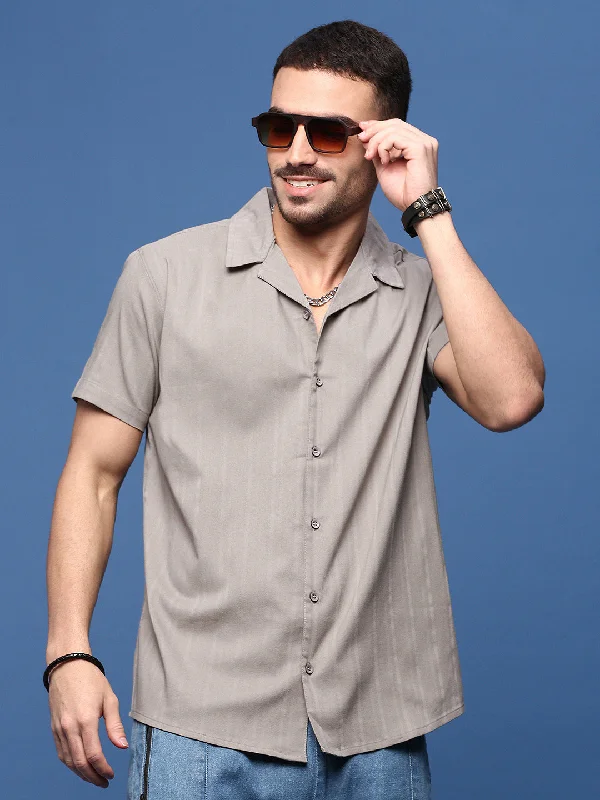 Men's Distressed Denim Casual Shirts with Frayed Edges for a Trendy and Rugged LookMen Grey Solid Cuban Collar Shirt Men's Distressed Denim Casual Shirts with Frayed Edges for a Trendy and Rugged LookMen Grey Solid Cuban Collar Shirt