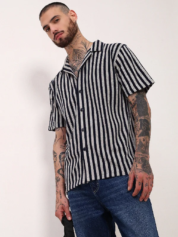 Men's Moisture - Wicking Performance Fabric Casual Shirts for Outdoor ActivitiesMen Navy Blue Striped Cuban Collar Shirt Men's Moisture - Wicking Performance Fabric Casual Shirts for Outdoor ActivitiesMen Navy Blue Striped Cuban Collar Shirt