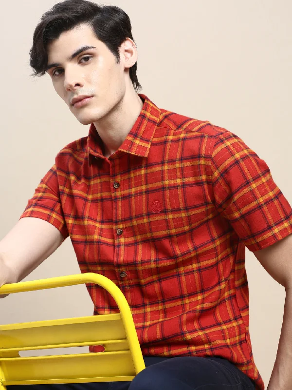 Men's Two - Tone Contrast Panel Casual Shirts in White and Navy for a Stylish and Eye - Catching DesignMen Rust Checked Casual Shirt Men's Two - Tone Contrast Panel Casual Shirts in White and Navy for a Stylish and Eye - Catching DesignMen Rust Checked Casual Shirt