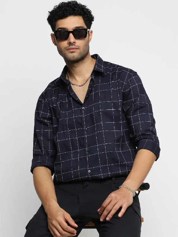 Men's Wrinkle - Resistant Polyester Blend Casual Shirts for Easy Travel and MaintenanceMen Navy Blue Spread Collar Windowpane Checks Shirt Men's Wrinkle - Resistant Polyester Blend Casual Shirts for Easy Travel and MaintenanceMen Navy Blue Spread Collar Windowpane Checks Shirt