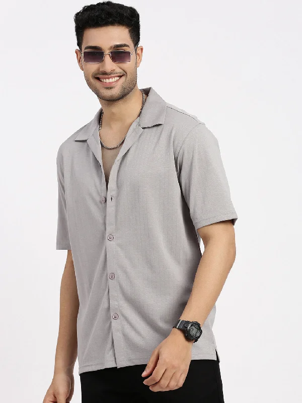 Men's Wrinkle - Resistant Polyester Blend Casual Shirts for Easy Travel and MaintenanceMen Grey Cuban Collar Solid Shirt Men's Wrinkle - Resistant Polyester Blend Casual Shirts for Easy Travel and MaintenanceMen Grey Cuban Collar Solid Shirt