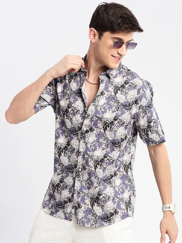 Men's Moisture - Wicking Performance Fabric Casual Shirts for Outdoor ActivitiesMen Spread Collar Floral Lavender Casual Shirt