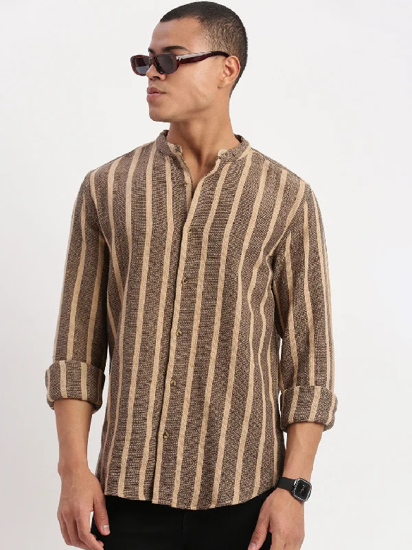 Men's Button - Down Oxford Casual Shirts in Crisp White for a Classic and Versatile StyleMen Mandarin Collar Vertical Stripes Brown Shirt Men's Button - Down Oxford Casual Shirts in Crisp White for a Classic and Versatile StyleMen Mandarin Collar Vertical Stripes Brown Shirt