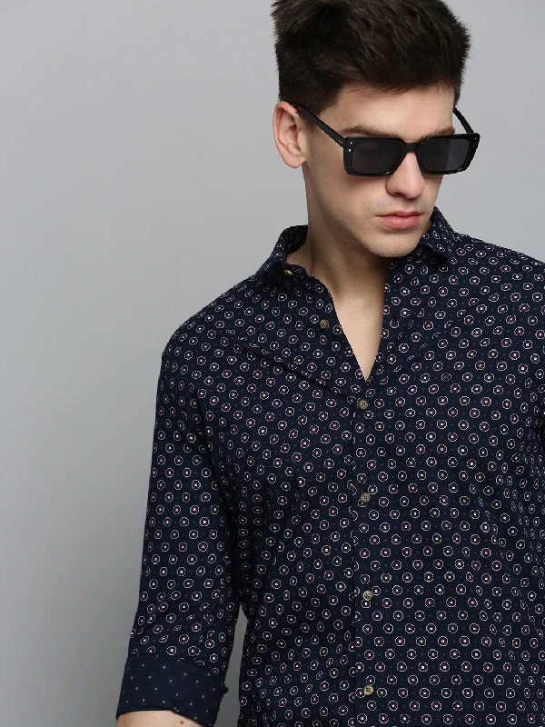 Men's Stretch - Fabric Casual Shirts in Navy Blue for a Comfortable and Flexible FitMen Navy Printed Casual Shirt Men's Stretch - Fabric Casual Shirts in Navy Blue for a Comfortable and Flexible FitMen Navy Printed Casual Shirt