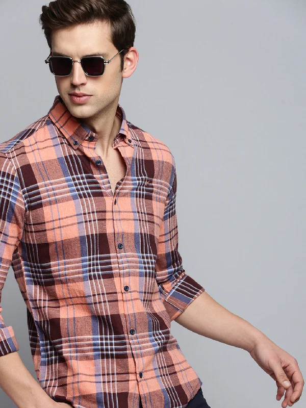 Men's Tailored Fit Checkered Casual Shirts in Multicolor for a Smart - Casual EnsembleMen Spread Collar Checked Coral Shirt Men's Tailored Fit Checkered Casual Shirts in Multicolor for a Smart - Casual EnsembleMen Spread Collar Checked Coral Shirt