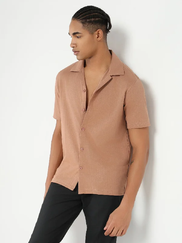 Men's Sustainable Recycled Material Casual Shirts for Eco - Conscious ConsumersMen Brown Cuban Collar Solid Shirt Men's Sustainable Recycled Material Casual Shirts for Eco - Conscious ConsumersMen Brown Cuban Collar Solid Shirt
