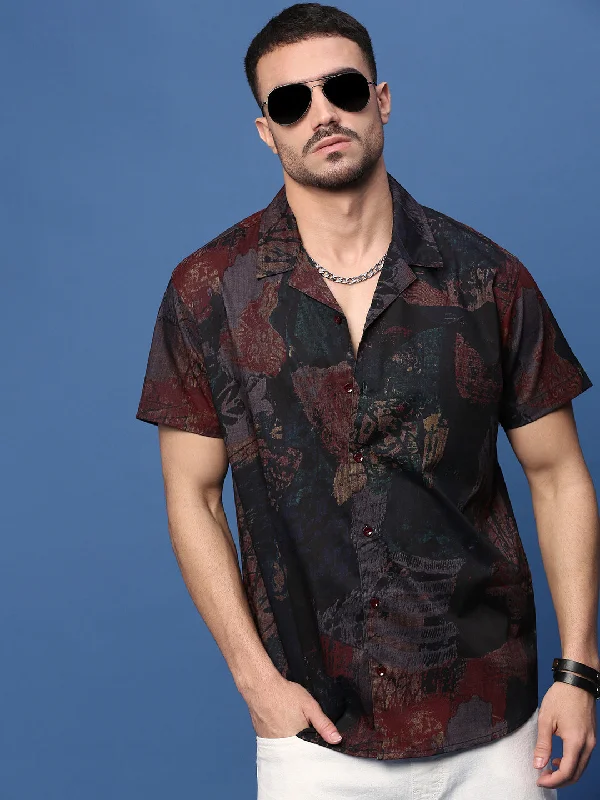 Men's Embroidered Detail Casual Shirts in Beige for a Touch of EleganceMen Brown Abstract Cuban Collar Shirt Men's Embroidered Detail Casual Shirts in Beige for a Touch of EleganceMen Brown Abstract Cuban Collar Shirt