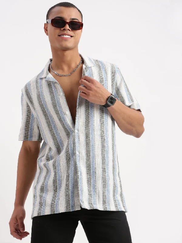 Men's Stretch - Fabric Casual Shirts in Navy Blue for a Comfortable and Flexible FitMen Cuban Collar Vertical Stripes White Shirt Men's Stretch - Fabric Casual Shirts in Navy Blue for a Comfortable and Flexible FitMen Cuban Collar Vertical Stripes White Shirt
