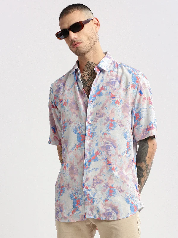 Men's Slim - Fit Printed Floral Casual Shirts in Pastel Colors for a Spring - Inspired VibeMen Spread Collar Abstract Blue Casual Shirt
