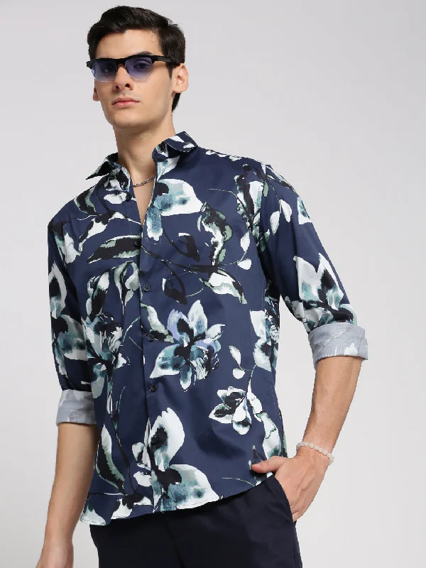 Plus Size Men's Striped Chambray Casual Shirts with a Spread Collar for a Preppy AppearanceMen Blue Spread Collar Floral Shirt Plus Size Men's Striped Chambray Casual Shirts with a Spread Collar for a Preppy AppearanceMen Blue Spread Collar Floral Shirt