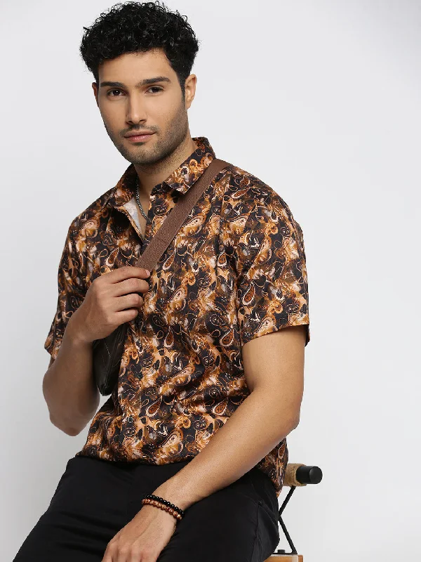 Men's Linen Blend Casual Shirts with Roll - Up Sleeves for a Summer Beach LookMen Brown Spread Collar Ethnic Motifs Shirt Men's Linen Blend Casual Shirts with Roll - Up Sleeves for a Summer Beach LookMen Brown Spread Collar Ethnic Motifs Shirt