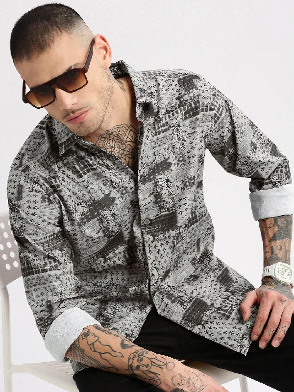Men's Tailored Fit Checkered Casual Shirts in Multicolor for a Smart - Casual EnsembleMen Spread Collar Abstract Grey Casual Shirt Men's Tailored Fit Checkered Casual Shirts in Multicolor for a Smart - Casual EnsembleMen Spread Collar Abstract Grey Casual Shirt