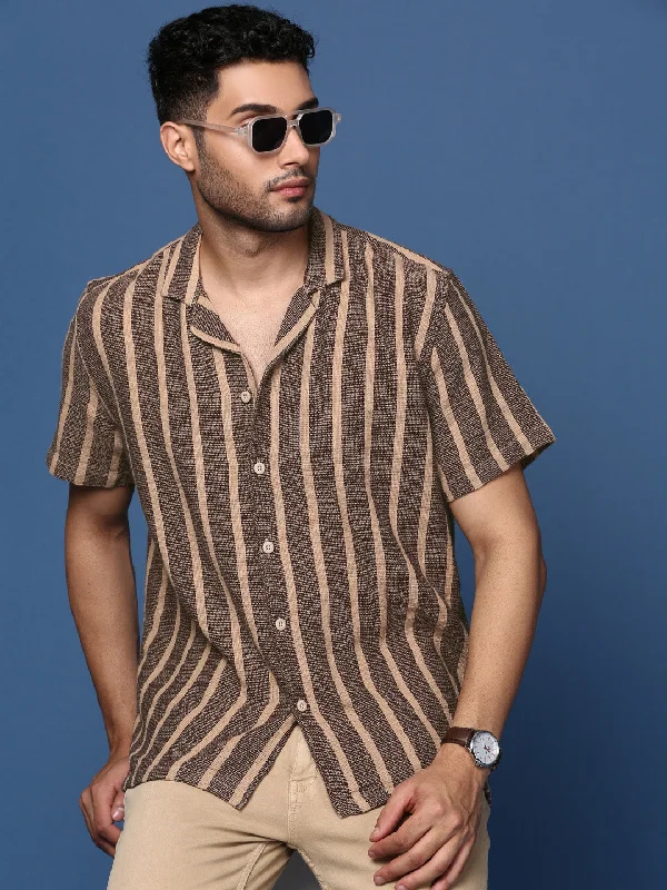 Men's Linen Blend Casual Shirts with Roll - Up Sleeves for a Summer Beach LookMen Cuban Collar Striped Beige Relaxed Fit Shirt Men's Linen Blend Casual Shirts with Roll - Up Sleeves for a Summer Beach LookMen Cuban Collar Striped Beige Relaxed Fit Shirt