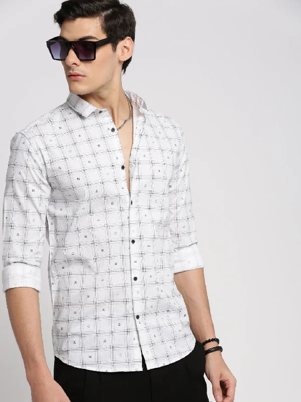Men's Two - Tone Contrast Panel Casual Shirts in White and Navy for a Stylish and Eye - Catching DesignMen White Spread Collar Windowpane Checks Shirt Men's Two - Tone Contrast Panel Casual Shirts in White and Navy for a Stylish and Eye - Catching DesignMen White Spread Collar Windowpane Checks Shirt