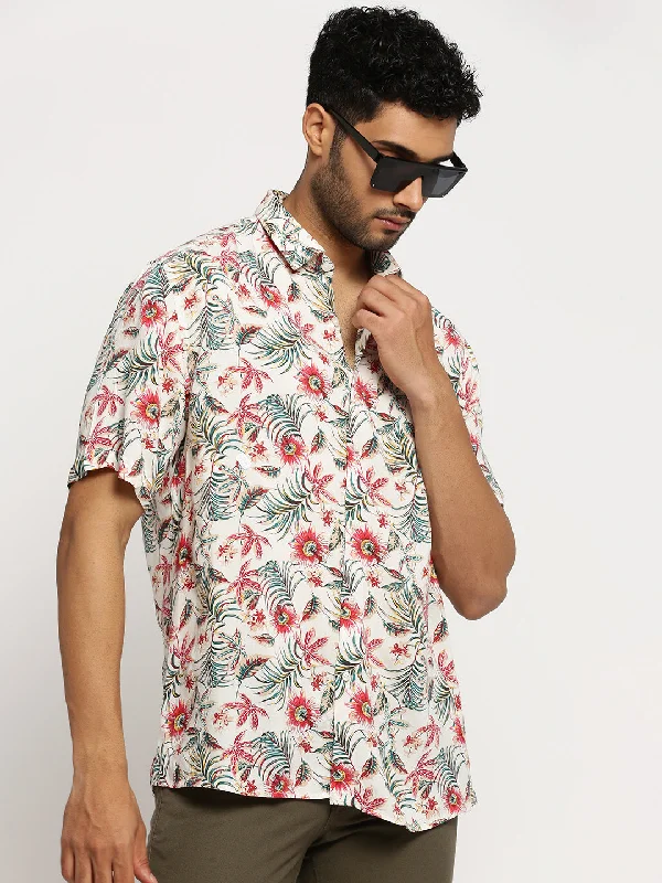 Men's Wrinkle - Resistant Polyester Blend Casual Shirts for Easy Travel and MaintenanceMen Off White Spread Collar Floral Shirt Men's Wrinkle - Resistant Polyester Blend Casual Shirts for Easy Travel and MaintenanceMen Off White Spread Collar Floral Shirt