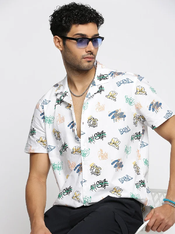 Men's Distressed Denim Casual Shirts with Frayed Edges for a Trendy and Rugged LookMen White Cuban Collar Typography Shirt Men's Distressed Denim Casual Shirts with Frayed Edges for a Trendy and Rugged LookMen White Cuban Collar Typography Shirt