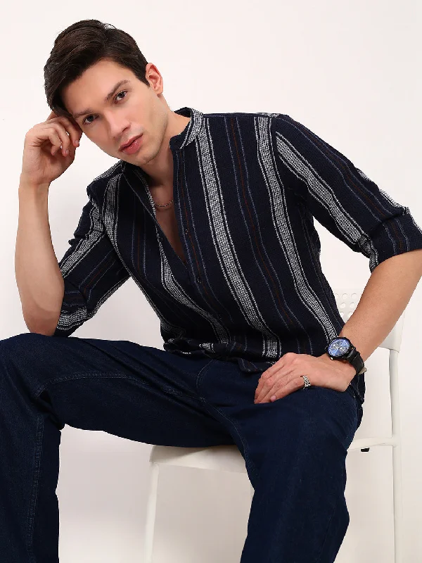 Plus Size Men's Plaid Flannel Casual Shirts in Earth Tones for a Cozy Fall OutfitMen Navy Blue Striped Slim Fit Shirt Plus Size Men's Plaid Flannel Casual Shirts in Earth Tones for a Cozy Fall OutfitMen Navy Blue Striped Slim Fit Shirt