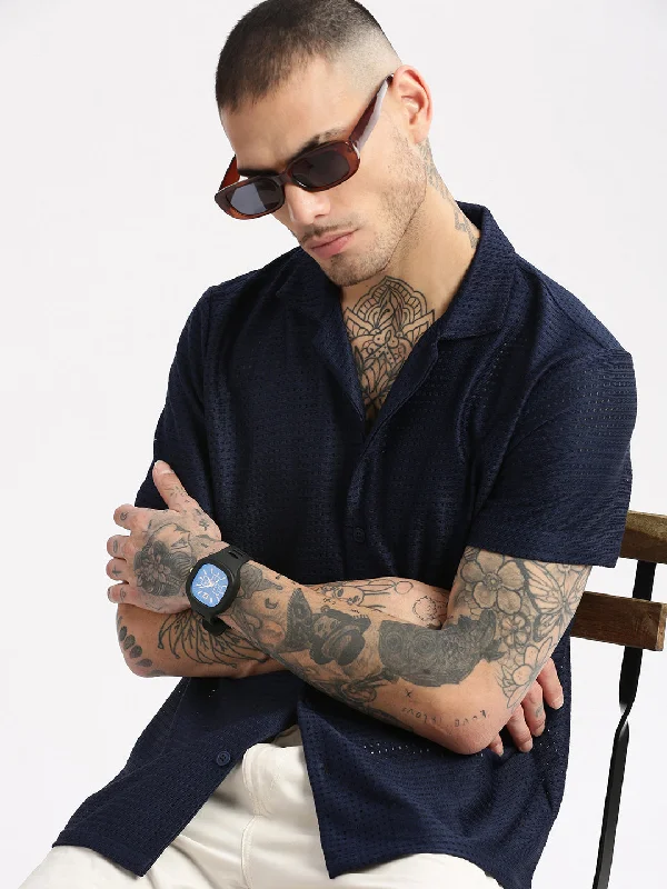Men's Distressed Denim Casual Shirts with Frayed Edges for a Trendy and Rugged LookMen Cuban Collar Solid Navy Blue Crochet Shirt Men's Distressed Denim Casual Shirts with Frayed Edges for a Trendy and Rugged LookMen Cuban Collar Solid Navy Blue Crochet Shirt