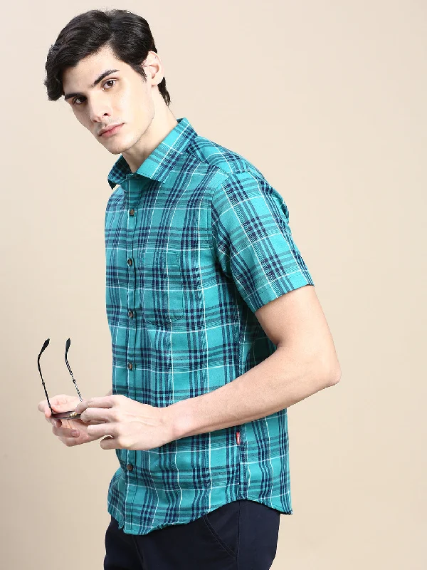 Men's Linen Blend Casual Shirts with Roll - Up Sleeves for a Summer Beach LookMen Green Checked Casual Shirt Men's Linen Blend Casual Shirts with Roll - Up Sleeves for a Summer Beach LookMen Green Checked Casual Shirt
