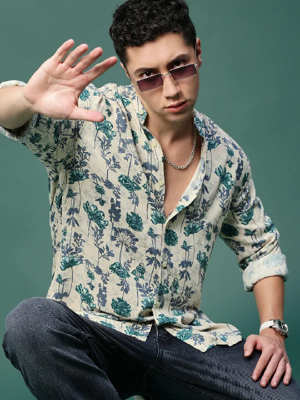 Men's Moisture - Wicking Performance Fabric Casual Shirts for Outdoor ActivitiesMen Cream Floral Slim Fit Shirt Men's Moisture - Wicking Performance Fabric Casual Shirts for Outdoor ActivitiesMen Cream Floral Slim Fit Shirt