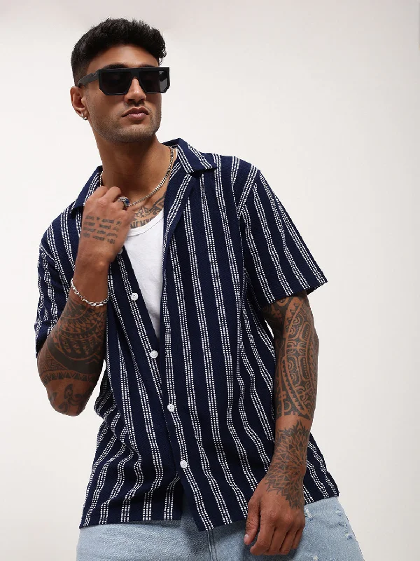 Men's Sustainable Recycled Material Casual Shirts for Eco - Conscious ConsumersMen Navy Blue Striped Cuban Collar Shirt Men's Sustainable Recycled Material Casual Shirts for Eco - Conscious ConsumersMen Navy Blue Striped Cuban Collar Shirt
