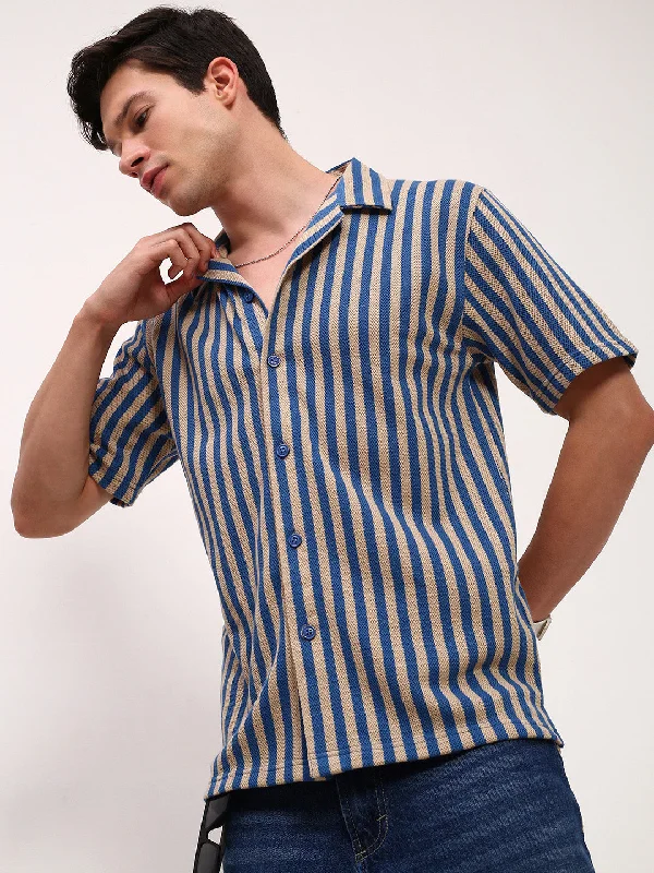 Men's Distressed Denim Casual Shirts with Frayed Edges for a Trendy and Rugged LookMen Blue Striped Cuban Collar Shirt Men's Distressed Denim Casual Shirts with Frayed Edges for a Trendy and Rugged LookMen Blue Striped Cuban Collar Shirt