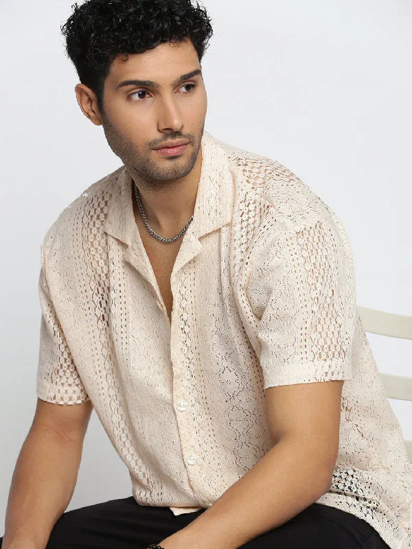 Men's Button - Down Oxford Casual Shirts in Crisp White for a Classic and Versatile StyleMen Cream Cuban Collar Solid Crochet Shirt Men's Button - Down Oxford Casual Shirts in Crisp White for a Classic and Versatile StyleMen Cream Cuban Collar Solid Crochet Shirt