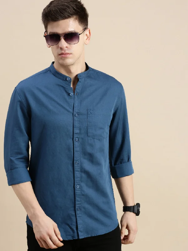 Men's Slim - Fit Printed Floral Casual Shirts in Pastel Colors for a Spring - Inspired VibeMen Mandarin Collar Solid Teal Shirt Men's Slim - Fit Printed Floral Casual Shirts in Pastel Colors for a Spring - Inspired VibeMen Mandarin Collar Solid Teal Shirt