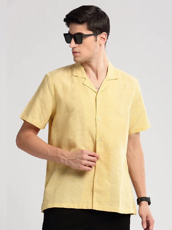 Men's Button - Down Oxford Casual Shirts in Crisp White for a Classic and Versatile StyleMen Cuban Collar Horizontal Stripes Yellow Casual Shirt Men's Button - Down Oxford Casual Shirts in Crisp White for a Classic and Versatile StyleMen Cuban Collar Horizontal Stripes Yellow Casual Shirt