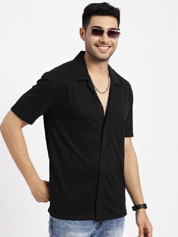 Men's Thermal - Lined Casual Shirts in Black for Added Warmth in Cold WeatherMen Black Cuban Collar Solid Shirt Men's Thermal - Lined Casual Shirts in Black for Added Warmth in Cold WeatherMen Black Cuban Collar Solid Shirt