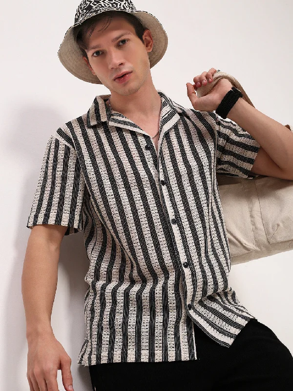 Men's Retro - Style Hawaiian Print Casual Shirts in Bold Patterns for a Tropical VacationMen Cream Striped Cuban Collar Shirt Men's Retro - Style Hawaiian Print Casual Shirts in Bold Patterns for a Tropical VacationMen Cream Striped Cuban Collar Shirt