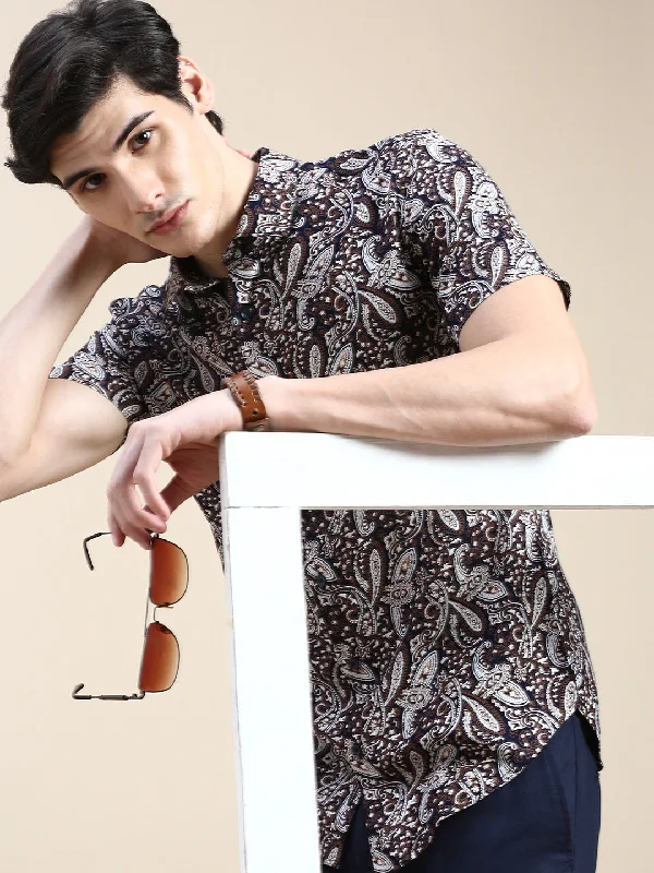 Men's Linen Blend Casual Shirts with Roll - Up Sleeves for a Summer Beach LookMen Navy Printed Casual Shirt Men's Linen Blend Casual Shirts with Roll - Up Sleeves for a Summer Beach LookMen Navy Printed Casual Shirt