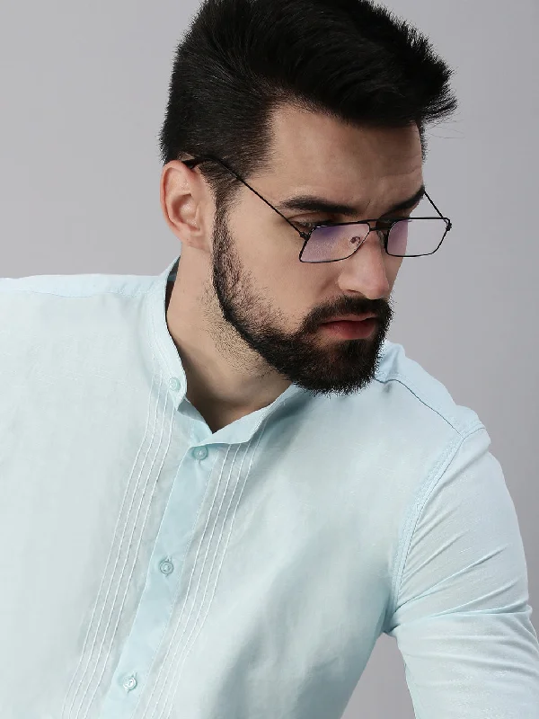 Men's Graphic - Printed Casual Shirts with Pop - Culture References for a Fun and Stylish LookMen Mandarin Collar Solid Blue Shirt Men's Graphic - Printed Casual Shirts with Pop - Culture References for a Fun and Stylish LookMen Mandarin Collar Solid Blue Shirt