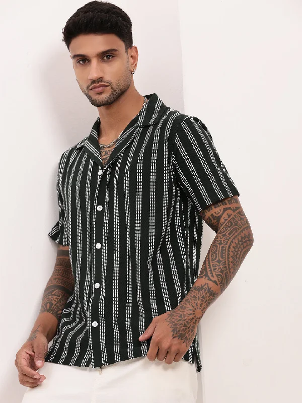 Men's Short - Sleeve Linen Casual Shirts in Light Khaki for a Breathable Summer OptionMen Green Striped Cuban Collar Shirt Men's Short - Sleeve Linen Casual Shirts in Light Khaki for a Breathable Summer OptionMen Green Striped Cuban Collar Shirt