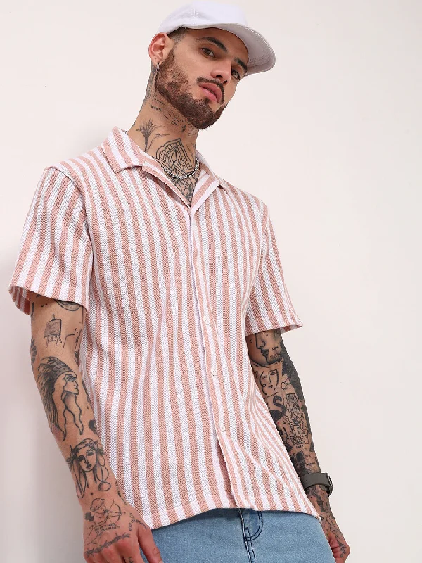 Men's Two - Tone Contrast Panel Casual Shirts in White and Navy for a Stylish and Eye - Catching DesignMen Peach Striped Cuban Collar Shirt Men's Two - Tone Contrast Panel Casual Shirts in White and Navy for a Stylish and Eye - Catching DesignMen Peach Striped Cuban Collar Shirt