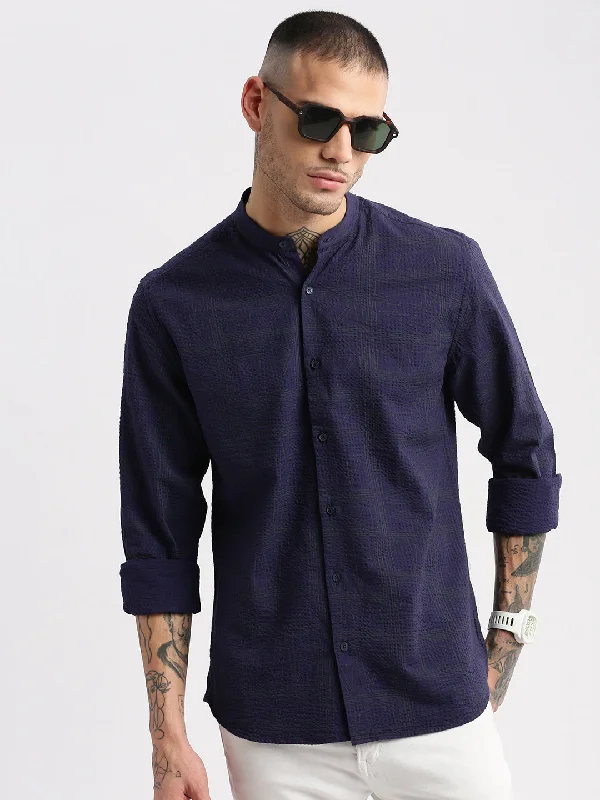 Men's Retro - Style Hawaiian Print Casual Shirts in Bold Patterns for a Tropical VacationMen Mandarin Collar Geometric Navy Blue Casual Shirt Men's Retro - Style Hawaiian Print Casual Shirts in Bold Patterns for a Tropical VacationMen Mandarin Collar Geometric Navy Blue Casual Shirt