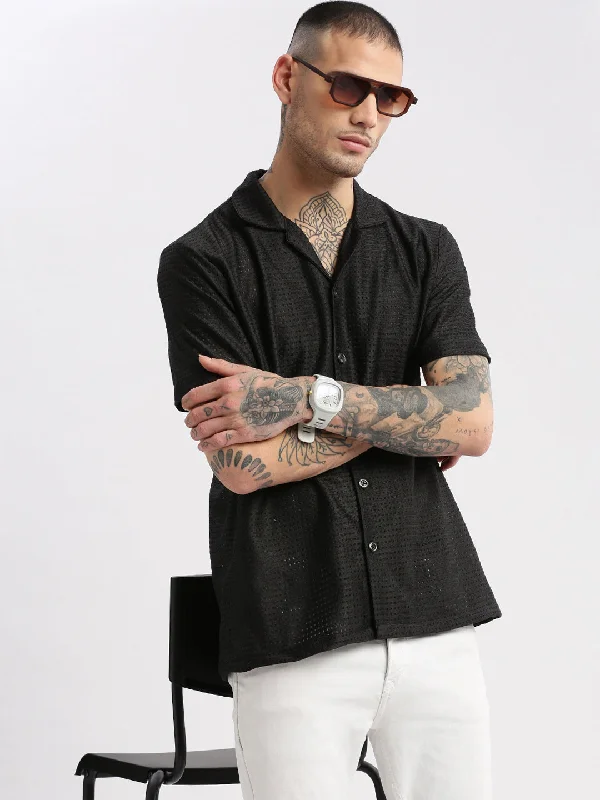 Men's Short - Sleeve Linen Casual Shirts in Light Khaki for a Breathable Summer OptionMen Cuban Collar Solid Black Crochet Shirt Men's Short - Sleeve Linen Casual Shirts in Light Khaki for a Breathable Summer OptionMen Cuban Collar Solid Black Crochet Shirt