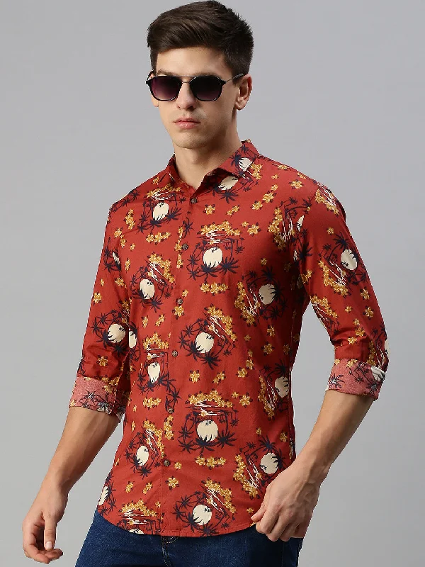 Men's Linen Blend Casual Shirts with Roll - Up Sleeves for a Summer Beach LookMen Rust Printed Casual Shirt Men's Linen Blend Casual Shirts with Roll - Up Sleeves for a Summer Beach LookMen Rust Printed Casual Shirt