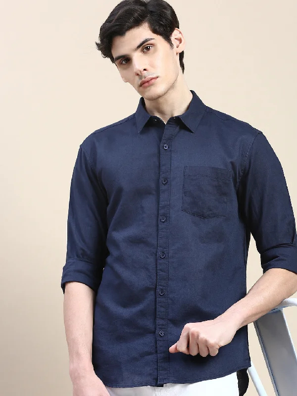 Men's Stretch - Fabric Casual Shirts in Navy Blue for a Comfortable and Flexible FitMen Navy Solid Casual Shirt Men's Stretch - Fabric Casual Shirts in Navy Blue for a Comfortable and Flexible FitMen Navy Solid Casual Shirt