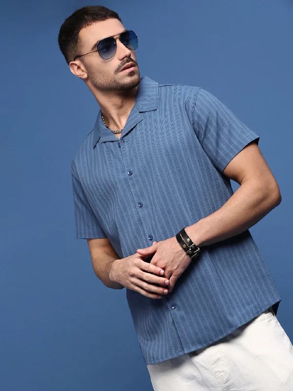 Men's Stretch - Fabric Casual Shirts in Navy Blue for a Comfortable and Flexible FitMen Blue Solid Cuban Collar Shirt