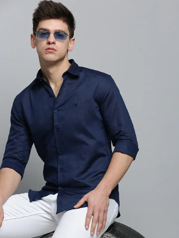Men's Linen Blend Casual Shirts with Roll - Up Sleeves for a Summer Beach LookMen Navy Solid Casual Shirt Men's Linen Blend Casual Shirts with Roll - Up Sleeves for a Summer Beach LookMen Navy Solid Casual Shirt