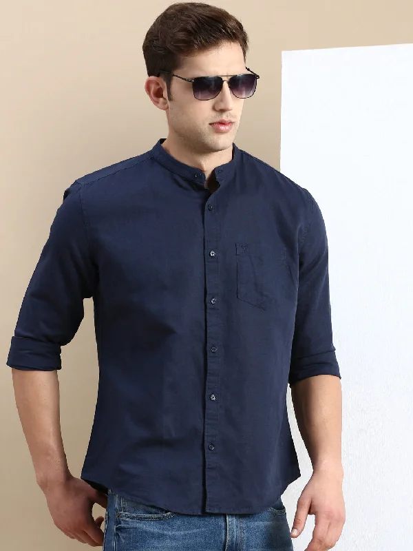 Men's Wrinkle - Resistant Polyester Blend Casual Shirts for Easy Travel and MaintenanceMen Navy Solid Casual Shirt Men's Wrinkle - Resistant Polyester Blend Casual Shirts for Easy Travel and MaintenanceMen Navy Solid Casual Shirt
