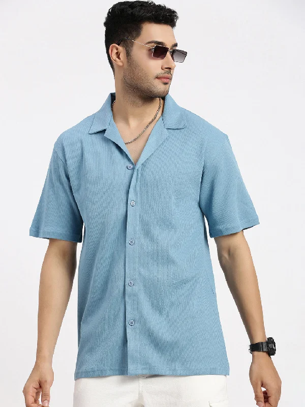 Men's Distressed Denim Casual Shirts with Frayed Edges for a Trendy and Rugged LookMen Blue Cuban Collar Solid Shirt Men's Distressed Denim Casual Shirts with Frayed Edges for a Trendy and Rugged LookMen Blue Cuban Collar Solid Shirt