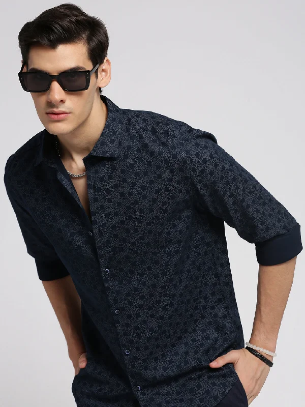 Men's Embroidered Detail Casual Shirts in Beige for a Touch of EleganceMen Navy Blue Spread Collar Geometric Shirt Men's Embroidered Detail Casual Shirts in Beige for a Touch of EleganceMen Navy Blue Spread Collar Geometric Shirt
